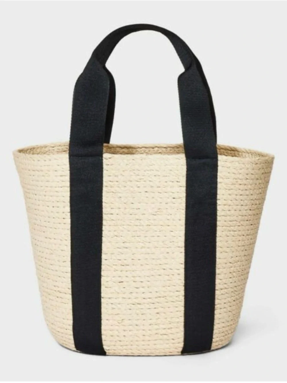 Straw Rope Woven Market Basket Tote w/ Black Handles. 12” tall x 15.5” wide.